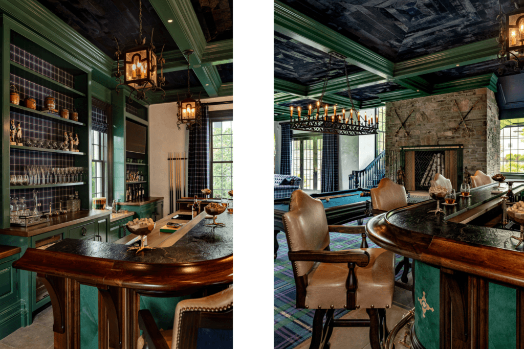 Luxury home bar design in Tartan House featuring rich wood tones, custom cabinetry, and colors that pull from the tartan patterns.