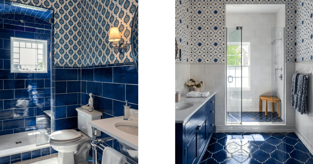 Two views bathrooms with navy blue patterned wallpaper, a navy blue vanity, and a shower with glass doors. The floor has a glossy navy blue quatrefoil pattern. A wooden stool sits inside the shower.